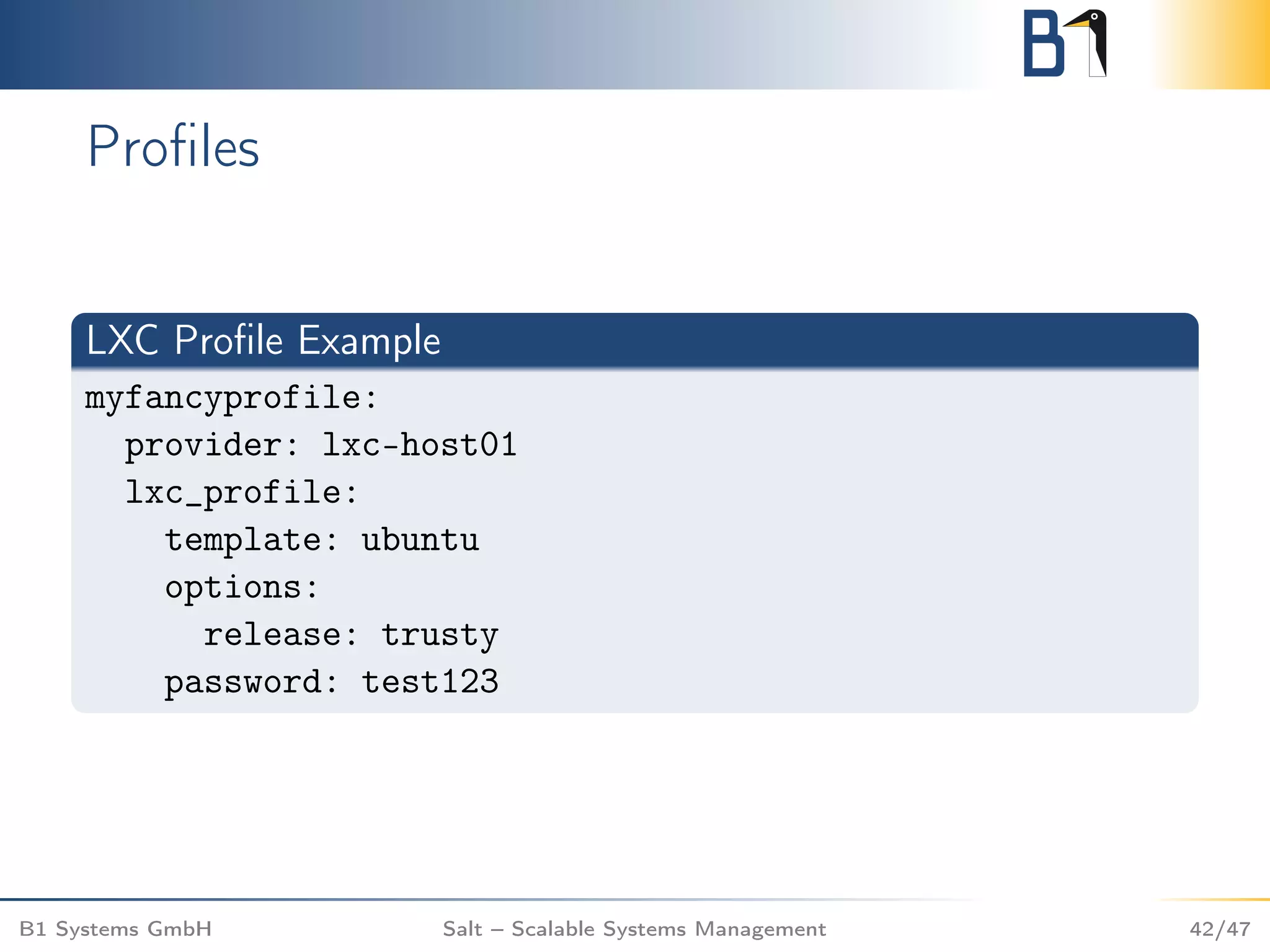 Proﬁles
LXC Proﬁle Example
myfancyprofile:
provider: lxc-host01
lxc_profile:
template: ubuntu
options:
release: trusty
password: test123
B1 Systems GmbH Salt – Scalable Systems Management 42/47
 