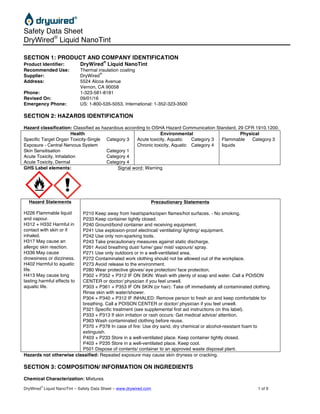 Safety Data Sheet		
DryWired®
Liquid NanoTint	 	
DryWired
®
Liquid NanoTint – Safety Data Sheet – www.drywired.com 1 of 6
SECTION 1: PRODUCT AND COMPANY IDENTIFICATION
Product Identifier: DryWired
®
Liquid NanoTint
Recommended Use: Thermal insulation coating
Supplier: DryWired
®
Address: 5524 Alcoa Avenue
Vernon, CA 90058
Phone: 1-323-581-8181
Revised On: 09/01/16
Emergency Phone: US: 1-800-535-5053, International: 1-352-323-3500
SECTION 2: HAZARDS IDENTIFICATION
Hazard classification: Classified as hazardous according to OSHA Hazard Communication Standard, 29 CFR 1910.1200.
Health Environmental	 Physical	
Specific Target Organ Toxicity-Single
Exposure - Central Nervous System
Skin Sensitisation
Acute Toxicity, Inhalation
Acute Toxicity, Dermal
Category 3
Category 1
Category 4
Category 4	
Acute toxicity, Aquatic
Chronic toxicity, Aquatic	
Category 3
Category 4
Flammable
liquids	
Category 3	
GHS Label elements: Signal word: Warning
	 	
Hazard Statements
H226 Flammable liquid
and vapour.
H312 + H332 Harmful in
contact with skin or if
inhaled.
H317 May cause an
allergic skin reaction.
H336 May cause
drowsiness or dizziness.
H402 Harmful to aquatic
life.
H413 May cause long
lasting harmful effects to
aquatic life.
Precautionary Statements
P210  Keep away from heat/sparks/open flames/hot surfaces. - No smoking.
P233  Keep container tightly closed. 
P240 Ground/bond container and receiving equipment. 
P241 Use explosion-proof electrical/ ventilating/ lighting/ equipment.
 P242  Use only non-sparking tools. 
P243  Take precautionary measures against static discharge. 
P261 Avoid breathing dust/ fume/ gas/ mist/ vapours/ spray.
P271 Use only outdoors or in a well-ventilated area.
P272 Contaminated work clothing should not be allowed out of the workplace.
P273 Avoid release to the environment.
P280 Wear protective gloves/ eye protection/ face protection. 
P302 + P352 + P312 IF ON SKIN: Wash with plenty of soap and water. Call a POISON
CENTER or doctor/ physician if you feel unwell.
 P303 + P361 + P353 IF ON SKIN (or hair): Take off immediately all contaminated clothing.
Rinse skin with water/shower. 
P304 + P340 + P312 IF INHALED: Remove person to fresh air and keep comfortable for
breathing. Call a POISON CENTER or doctor/ physician if you feel unwell.
P321 Specific treatment (see supplemental first aid instructions on this label).
P333 + P313 If skin irritation or rash occurs: Get medical advice/ attention.
P363 Wash contaminated clothing before reuse.
P370 + P378 In case of fire: Use dry sand, dry chemical or alcohol-resistant foam to
extinguish.
P403 + P233 Store in a well-ventilated place. Keep container tightly closed.
P403 + P235 Store in a well-ventilated place. Keep cool.
 P501 Dispose of contents/ container to an approved waste disposal plant.
Hazards not otherwise classified: Repeated exposure may cause skin dryness or cracking.
SECTION 3: COMPOSITION/ INFORMATION ON INGREDIENTS
Chemical Characterization: Mixtures
 