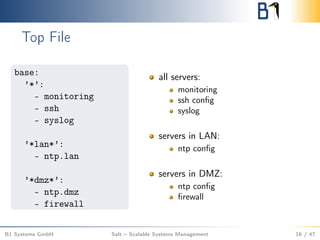 Top File
base:
’*’:
- monitoring
- ssh
- syslog
’*lan*’:
- ntp.lan
’*dmz*’:
- ntp.dmz
- firewall
all servers:
monitoring
ssh conﬁg
syslog
servers in LAN:
ntp conﬁg
servers in DMZ:
ntp conﬁg
ﬁrewall
B1 Systems GmbH Salt – Scalable Systems Management 16 / 47
 