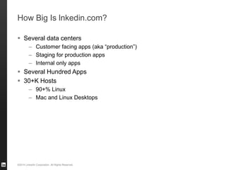 ©2014 LinkedIn Corporation. All Rights Reserved.
How Big Is lnkedin.com?
 Several data centers
– Customer facing apps (aka “production”)
– Staging for production apps
– Internal only apps
 Several Hundred Apps
 30+K Hosts
– 90+% Linux
– Mac and Linux Desktops
 