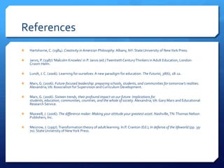 ReferencesHartshorne, C. (1984). Creativity in American Philosophy. Albany, NY: State University of New York Press.Jarvis, P. (1987) 'Malcolm Knowles' in P. Jarvis (ed.) Twentieth Century Thinkers in Adult Education, London: Croom Helm.Lundt, J. C. (2006). Learning for ourselves: A new paradigm for education. The Futurist, 38(6), 18-22.Marx, G. (2006). Future-focused leadership: preparing schools, students, and communities for tomorrow's realities. Alexandria, VA: Association for Supervision and Curriculum Development.Marx, G. (2006). Sixteen trends, their profound impact on our future: Implications for students, education, communities, countries, and the whole of society. Alexandria, VA: Gary Marx and Educational Research Service.Maxwell, J. (2006). The difference maker: Making your attitude your greatest asset. Nashville, TN: Thomas Nelson Publishers, Inc.Meizrow, J. (1997). Transformation theory of adult learning. In P. Cranton (Ed.), In defense of the lifeworld (pp. 39-70). State University of New York Press. 