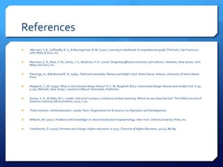 References Merriam, S. B., Caffarella, R. S., & Baumgartner, R. M. (2007). Learning in adulthood: A comprehensive guide (Third ed.). San Francisco: John Wiley & Sons, Inc.Morrison, G. R., Ross, S. M., Kemp, J. E., & Kalman, H. K. (2007). Designing effective instruction (5th edition). Hoboken, New Jersey: John Wiley and Sons, Inc.Plantinga, A., & Wolterstorff, N. (1984). Faith and rationality: Reason and belief in God. Notre Dame, Indiana: University of Notre Dame Press Reigeluth, C. M. (1999). What is instructional design theory? In C. M. Reigeluth (Ed.), Instructional-design theories and models (Vol. II, pp. 5-29). Mahwah, New Jersey: Lawrence Erlbaum Associates, Publishers.Storey, V. A., & Tebes, M. L. (2008). Instructor’s privacy in distance (online) teaching: Where do you draw the line? The Online Journal of Distance Learning Administration, 11(2), 1-10. Think scenarios. rethink education. (2006). Paris: Organisation for Economic Co-Operation and Development.Williams, M. (2001). Problems with knowledge: A critical introduction to epistemology. New York: Oxford University Press, Inc.Yankelovish, D. (2005). Ferment and change: Higher education in 2015. Chronicle of Higher Education, 52(14), B6-B9.