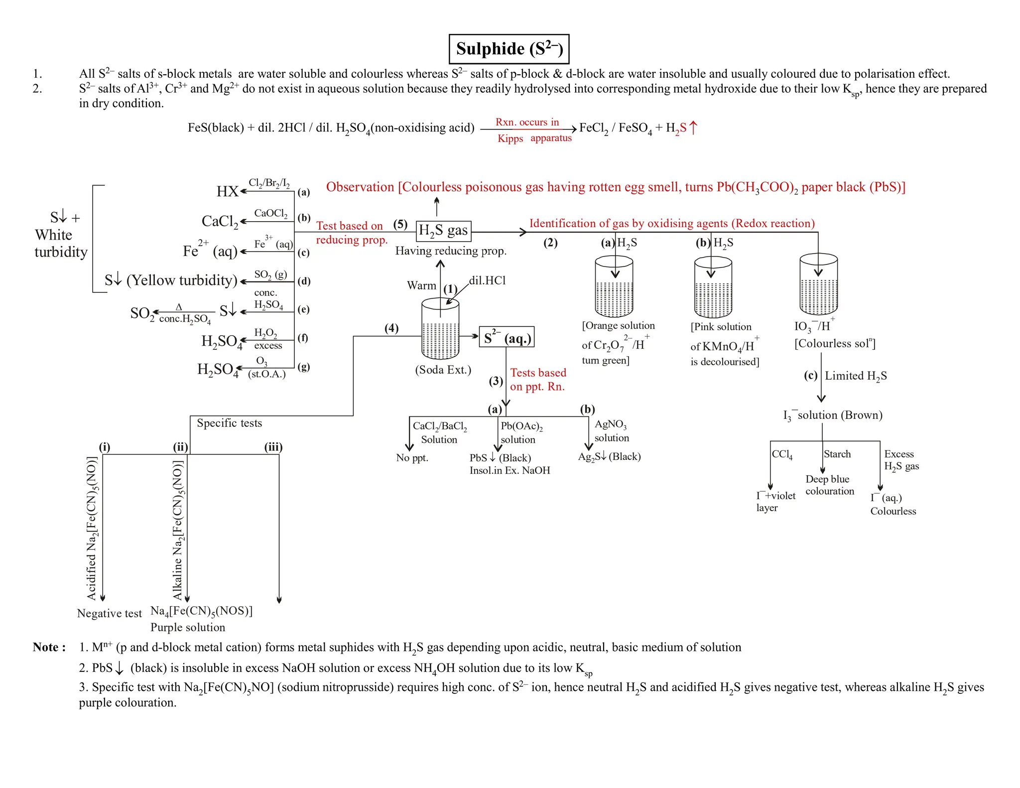 Sulphide (S2–)
1. All S2– salts of s-block metals are water soluble and colourless whereas S2– salts of p-block & d-block are water insoluble and usually coloured due to polarisation effect.
2. S2– salts of Al3+, Cr3+ and Mg2+ do not exist in aqueous solution because they readily hydrolysed into corresponding metal hydroxide due to their low Ksp, hence they are prepared
in dry condition.
FeS(black) + dil. 2HCl / dil. H2SO4(non-oxidising acid)
apparatus
Kipps
in
occurs
.
Rxn




 
 FeCl2 / FeSO4 + H2S
Warm
[Orange solution
of Cr O /H
2 7
2– +
turn green]
[Pink solution
of KMnO /H
4
+
is decolourised]
IO ¯/H
3
+
Colourless sol ]
n
[
I ¯solution (Brown)
3
(5)
(5)
(4)
(3)
Tests based
on ppt. Rn.
(a)
(b)
(c)
(d)
(e)
(f)
(g)
(2) (a)
(a)
(ii)
Specific tests
(i) (iii)
Negative test
(b)
(b)
(c)
H S
2 H S
2
Limited H S
2
Test based on
reducing prop.
Identification of gas by oxidising agents (Redox reaction)
dil.HCl
(Soda Ext.)
Cl /Br /I
2 2 2
CaOCl2
CaCl2/BaCl
Solution
2 Pb(OAc 2
solution
) AgNO3
solution
Ag2 (Black)
S
No ppt. Excess
H S gas
2
PbS (Black)
Insol.in Ex. NaOH
 Starch
CCl4
I¯ (aq.)
Colourless
Deep blue
colouration
I¯+violet
layer
Fe (aq)
3+
SO (g)
2
conc.
H SO
2 4
conc.H SO
2 4

H O
2 2
O3
(st.O.A.)
excess
HX
CaCl2
SO2
H SO
2 4
H SO
2 4
Fe (aq)
2+
S Yellow turbidity)

S
White
turbidity

S
S (aq.)
2–
Acidified
Na
[Fe(CN)
(NO)]
2
5
Alkaline
Na
[Fe(CN)
(NO)]
2
5
Na [Fe(CN) (NOS)]
Purple solution
4 5
(1)
Observation [Colourless poisonous gas having rotten egg smell, turns Pb(CH COO) paper black (PbS)]
3 2
Note : 1. Mn+ (p and d-block metal cation) forms metal suphides with H2S gas depending upon acidic, neutral, basic medium of solution
2. PbS (black) is insoluble in excess NaOH solution or excess NH4OH solution due to its low Ksp
3. Specific test with Na2[Fe(CN)5NO] (sodium nitroprusside) requires high conc. of S2– ion, hence neutral H2S and acidified H2S gives negative test, whereas alkaline H2S gives
purple colouration.
 