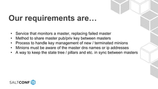 Our requirements are…
• Service that monitors a master, replacing failed master
• Method to share master pub/priv key between masters
• Process to handle key management of new / terminated minions
• Minions must be aware of the master dns names or ip addresses
• A way to keep the state tree / pillars and etc. in sync between masters
 