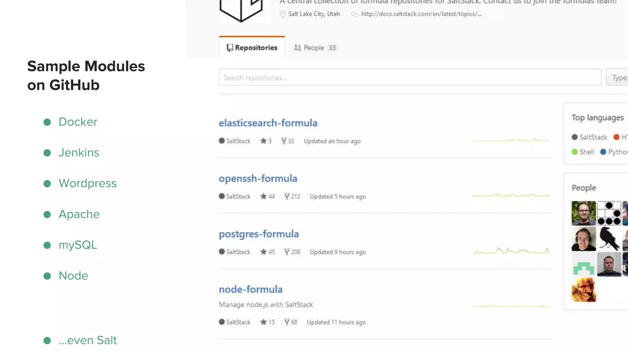 Sample Modules
on GitHub
● Docker
● Jenkins
● Wordpress
● Apache
● mySQL
● Node
● ...even Salt
 