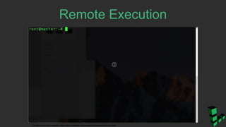 Remote Execution
Full list of execution modules: https://docs.saltstack.com/en/latest/ref/modules/all/index.html
 