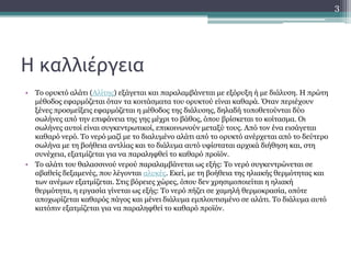Η καλλιέργεια
• Το ορυκτό αλάτι (Αλίτης) εξάγεται και παραλαμβάνεται με εξόρυξη ή με διάλυση. Η πρώτη
μέθοδος εφαρμόζεται όταν τα κοιτάσματα του ορυκτού είναι καθαρά. Όταν περιέχουν
ξένες προσμείξεις εφαρμόζεται η μέθοδος της διάλυσης, δηλαδή τοποθετούνται δύο
σωλήνες από την επιφάνεια της γης μέχρι το βάθος, όπου βρίσκεται το κοίτασμα. Οι
σωλήνες αυτοί είναι συγκεντρωτικοί, επικοινωνούν μεταξύ τους. Από τον ένα εισάγεται
καθαρό νερό. Το νερό μαζί με το διαλυμένο αλάτι από το ορυκτό ανέρχεται από το δεύτερο
σωλήνα με τη βοήθεια αντλίας και το διάλυμα αυτό υφίσταται αρχικά διήθηση και, στη
συνέχεια, εξατμίζεται για να παραληφθεί το καθαρό προϊόν.
• Το αλάτι του θαλασσινού νερού παραλαμβάνεται ως εξής: Το νερό συγκεντρώνεται σε
αβαθείς δεξαμενές, που λέγονται αλυκές. Εκεί, με τη βοήθεια της ηλιακής θερμότητας και
των ανέμων εξατμίζεται. Στις βόρειες χώρες, όπου δεν χρησιμοποιείται η ηλιακή
θερμότητα, η εργασία γίνεται ως εξής: Το νερό πήζει σε χαμηλή θερμοκρασία, οπότε
αποχωρίζεται καθαρός πάγος και μένει διάλυμα εμπλουτισμένο σε αλάτι. Το διάλυμα αυτό
κατόπιν εξατμίζεται για να παραληφθεί το καθαρό προϊόν.
3
 
