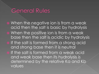 When the negative ion is from a weak
acid then the salt is basic by hydrolysis
 When the positive ion is from a weak
base then the salt is acidic by hydrolysis
 If the salt is formed from a strong acid
and strong base then it is neutral
 If the salt is formed from a weak acid
and weak base then its hydrolysis is
determined by the relative Ka and Kb
values


 