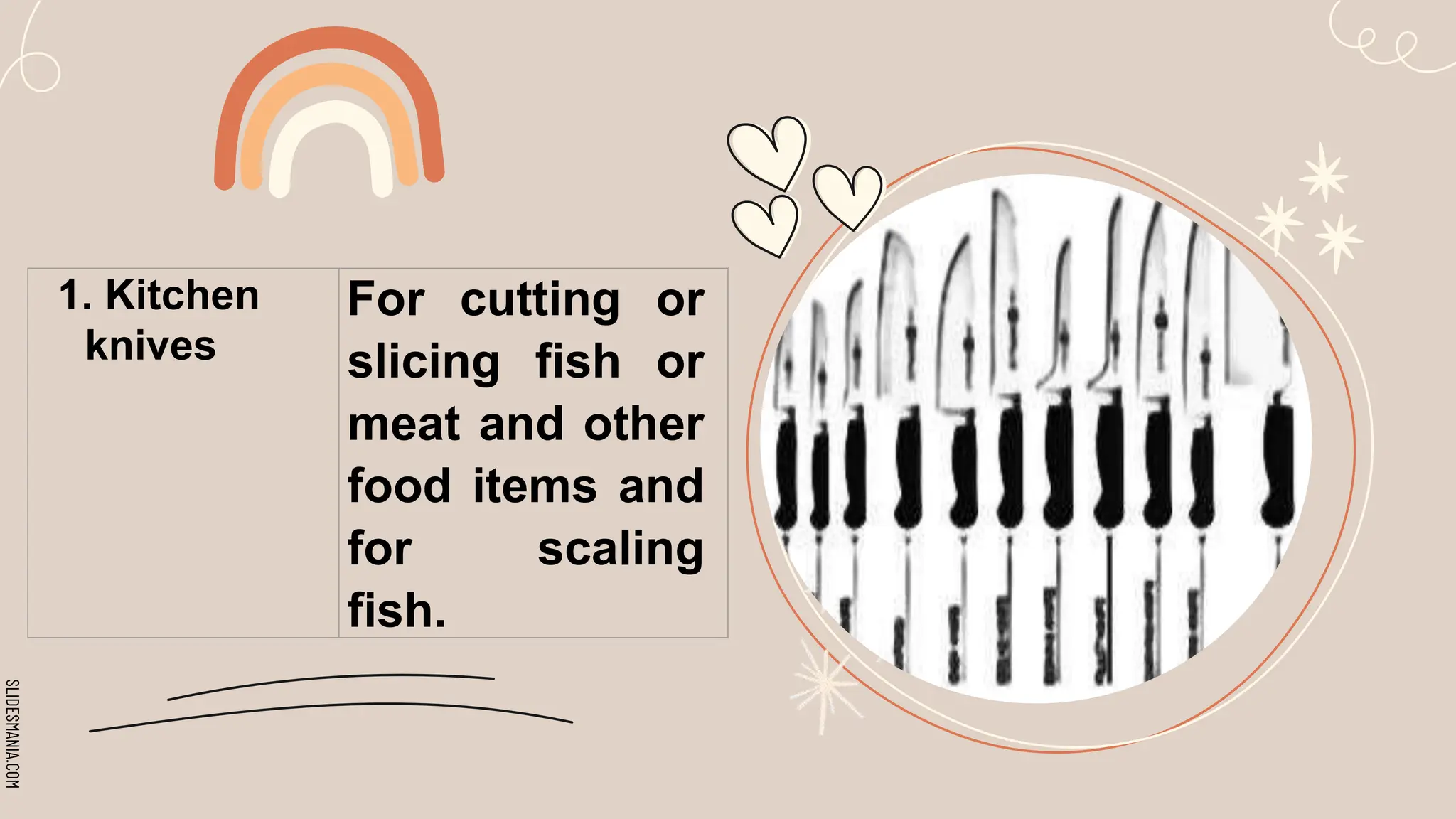 SLIDESMANIA.COM
1. Kitchen
knives
For cutting or
slicing fish or
meat and other
food items and
for scaling
fish.
 