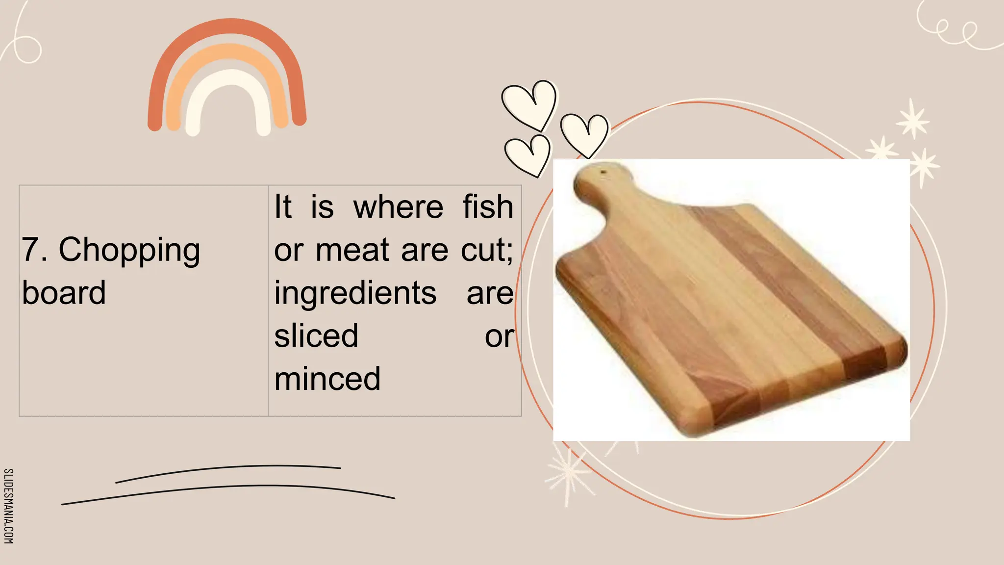 SLIDESMANIA.COM
7. Chopping
board
It is where fish
or meat are cut;
ingredients are
sliced or
minced
 