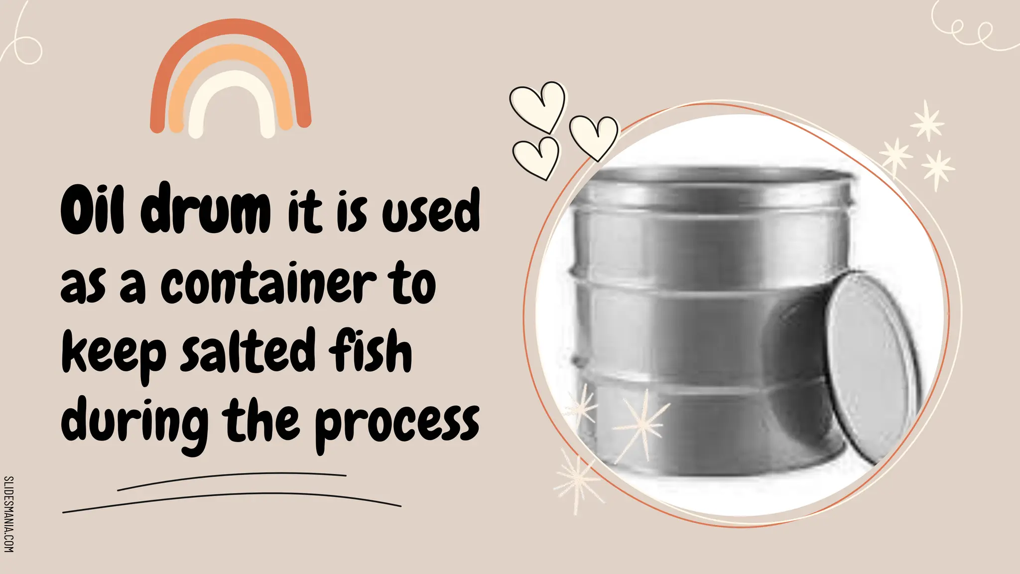 SLIDESMANIA.COM
Oil drum it is used
as a container to
keep salted fish
during the process
 