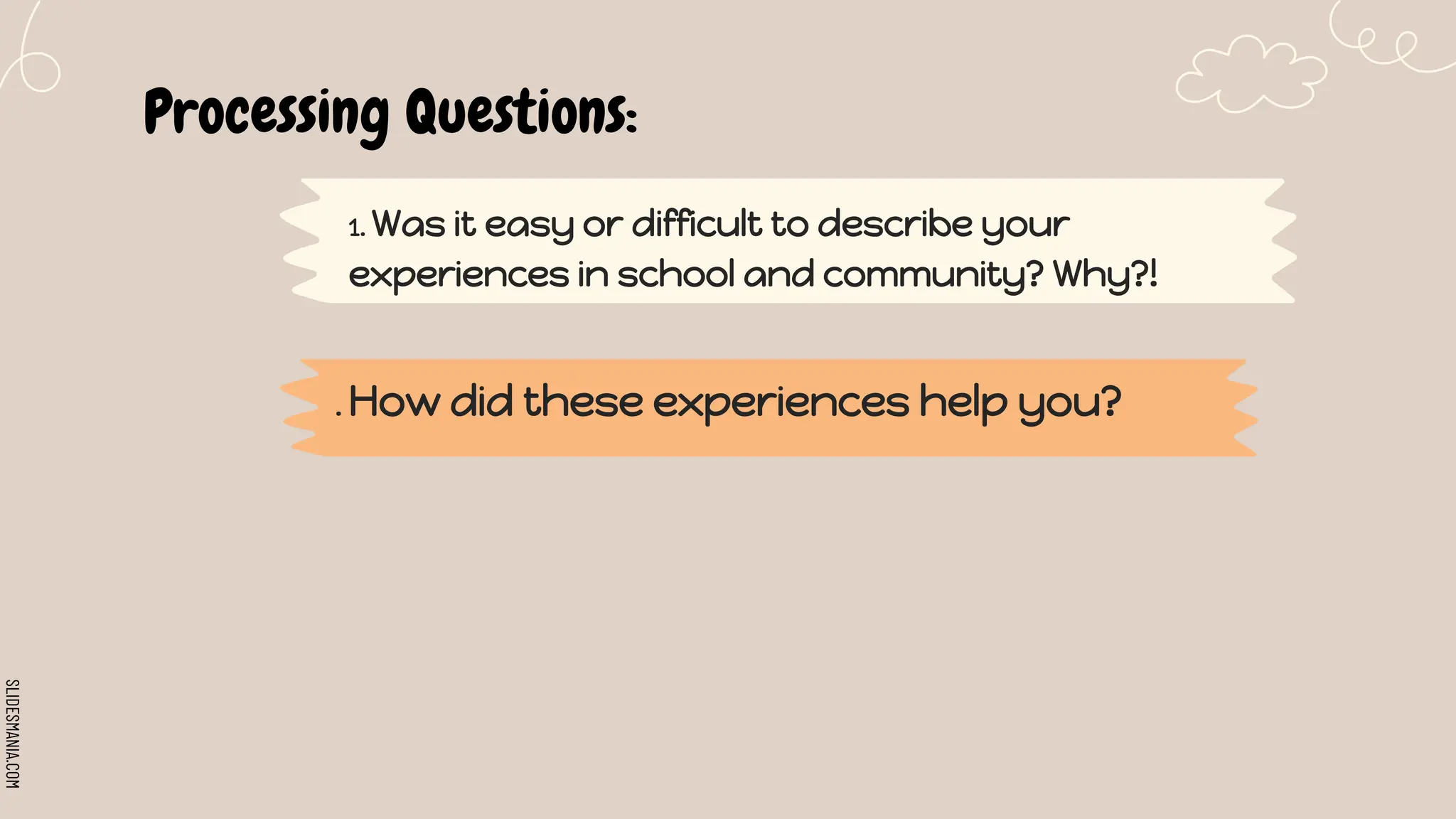 SLIDESMANIA.COM
Processing Questions:
. How did these experiences help you?
1. Was it easy or difficult to describe your
experiences in school and community? Why?!
 