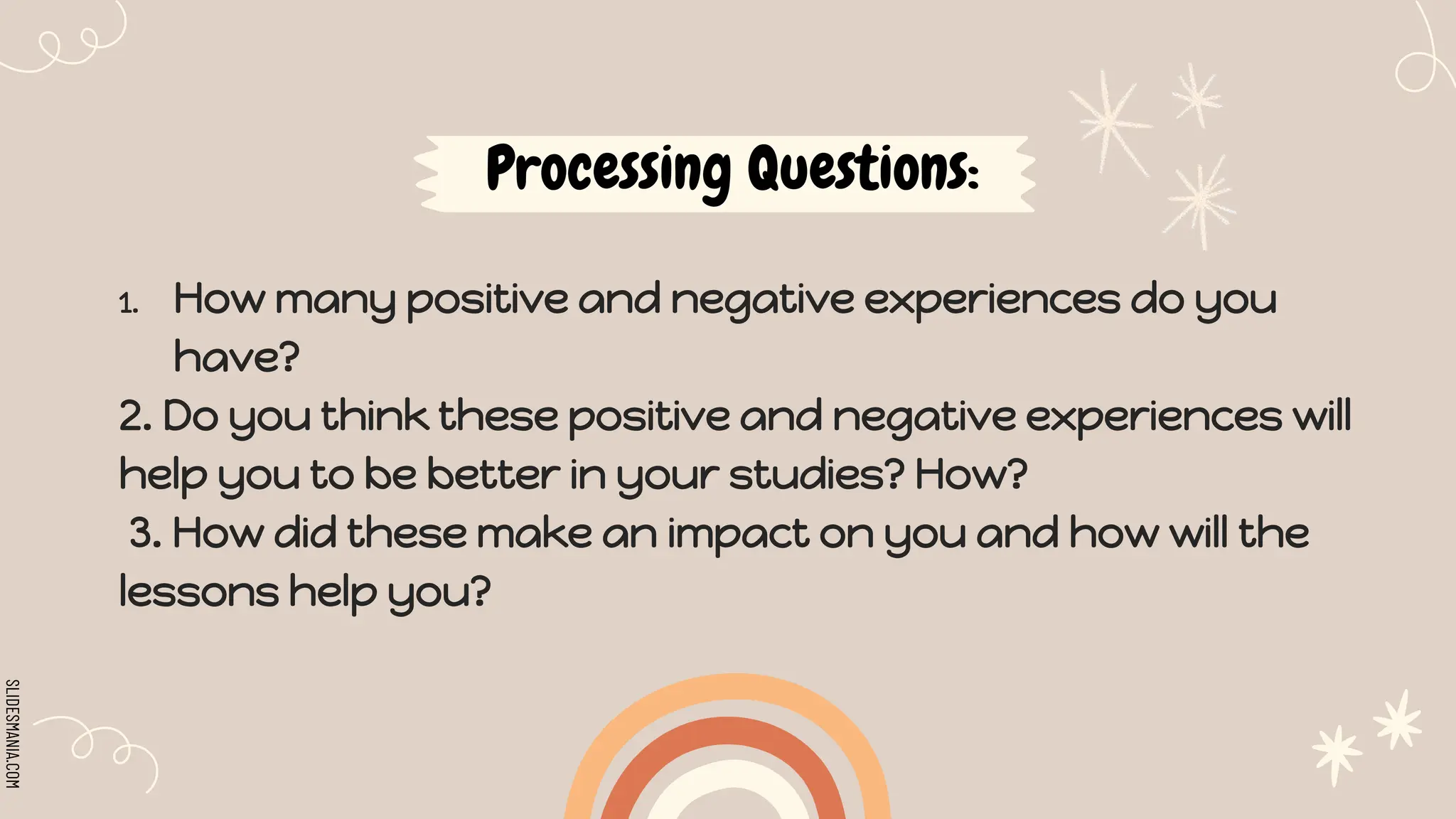 SLIDESMANIA.COM
Processing Questions:
1. How many positive and negative experiences do you
have?
2. Do you think these positive and negative experiences will
help you to be better in your studies? How?
3. How did these make an impact on you and how will the
lessons help you?
 