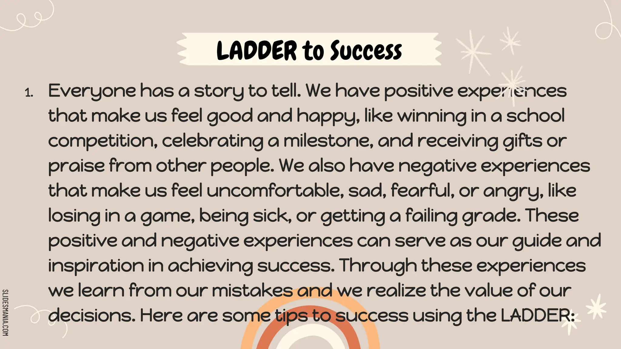 SLIDESMANIA.COM
LADDER to Success
1. Everyone has a story to tell. We have positive experiences
that make us feel good and happy, like winning in a school
competition, celebrating a milestone, and receiving gifts or
praise from other people. We also have negative experiences
that make us feel uncomfortable, sad, fearful, or angry, like
losing in a game, being sick, or getting a failing grade. These
positive and negative experiences can serve as our guide and
inspiration in achieving success. Through these experiences
we learn from our mistakes and we realize the value of our
decisions. Here are some tips to success using the LADDER:
 