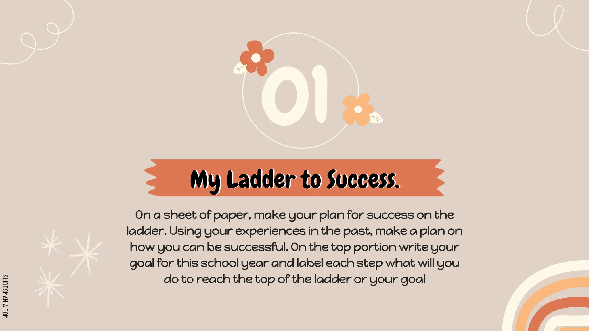 SLIDESMANIA.COM
My Ladder to Success.
On a sheet of paper, make your plan for success on the
ladder. Using your experiences in the past, make a plan on
how you can be successful. On the top portion write your
goal for this school year and label each step what will you
do to reach the top of the ladder or your goal
 