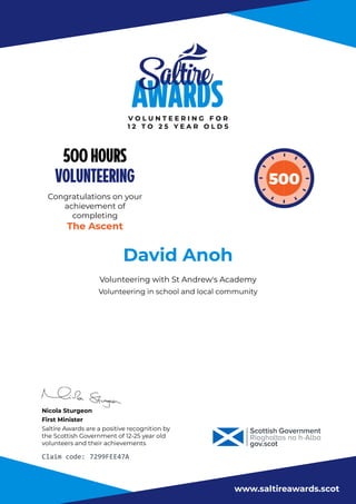 Saltire Award - Ascent for 500 Hours of Volunteering | PDF