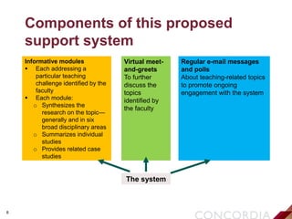 8
Components of this proposed
support system
Informative modules
 Each addressing a
particular teaching
challenge identified by the
faculty
 Each module:
o Synthesizes the
research on the topic—
generally and in six
broad disciplinary areas
o Summarizes individual
studies
o Provides related case
studies
Virtual meet-
and-greets
To further
discuss the
topics
identified by
the faculty
Regular e-mail messages
and polls
About teaching-related topics
to promote ongoing
engagement with the system
The system
 
