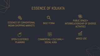 ESSENCE OF KOLKATA
BUILT FORM
ESSENCE OF CONVENTIONAL
INDIAN SHOPPING MARKETS
PUBLIC SPACE+
INTERRELATIONSHIP OF DIVERSE
ACTIVITIES
COMMERCIAL+ CULTURAL+
SOCIAL AURA
OPEN CLUSTERED
PLANNING
MIXED USE
 