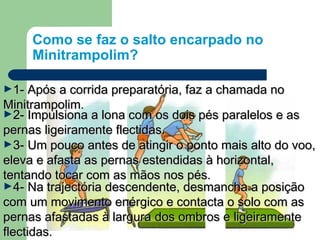 Como se faz o salto encarpado no
Minitrampolim?
►1- Após a corrida preparatória, faz a chamada no1- Após a corrida preparatória, faz a chamada no
Minitrampolim.Minitrampolim.
►2- Impulsiona a lona com os dois pés paralelos e as2- Impulsiona a lona com os dois pés paralelos e as
pernas ligeiramente flectidas.pernas ligeiramente flectidas.
►3- Um pouco antes de atingir o ponto mais alto do voo,3- Um pouco antes de atingir o ponto mais alto do voo,
eleva e afasta as pernas estendidas à horizontal,eleva e afasta as pernas estendidas à horizontal,
tentando tocar com as mãos nos pés.tentando tocar com as mãos nos pés.
►4- Na trajectória descendente, desmancha a posição4- Na trajectória descendente, desmancha a posição
com um movimento enérgico e contacta o solo com ascom um movimento enérgico e contacta o solo com as
pernas afastadas à largura dos ombros e ligeiramentepernas afastadas à largura dos ombros e ligeiramente
flectidas.flectidas.
 