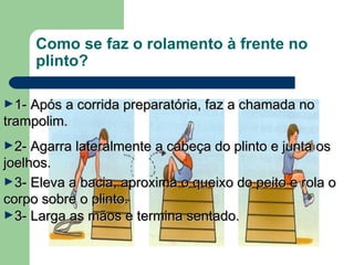 Como se faz o rolamento à frente no
plinto?
►1- Após a corrida preparatória, faz a chamada no1- Após a corrida preparatória, faz a chamada no
trampolim.trampolim.
►2- Agarra lateralmente a cabeça do plinto e junta os2- Agarra lateralmente a cabeça do plinto e junta os
joelhos.joelhos.
►3- Eleva a bacia, aproxima o queixo do peito e rola o3- Eleva a bacia, aproxima o queixo do peito e rola o
corpo sobre o plinto.corpo sobre o plinto.
►3- Larga as mãos e termina sentado.3- Larga as mãos e termina sentado.
 