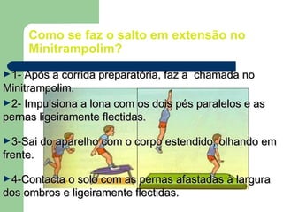Como se faz o salto em extensão no
Minitrampolim?
►1- Após a corrida preparatória, faz a chamada no1- Após a corrida preparatória, faz a chamada no
Minitrampolim.Minitrampolim.
►2- Impulsiona a lona com os dois pés paralelos e as2- Impulsiona a lona com os dois pés paralelos e as
pernas ligeiramente flectidas.pernas ligeiramente flectidas.
►3-Sai do aparelho com o corpo estendido, olhando em3-Sai do aparelho com o corpo estendido, olhando em
frente.frente.
►4-Contacta o solo com as pernas afastadas à largura4-Contacta o solo com as pernas afastadas à largura
dos ombros e ligeiramente flectidas.dos ombros e ligeiramente flectidas.
 