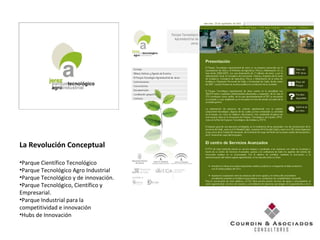 La Revolución Conceptual Parque Científico Tecnológico Parque Tecnológico Agro Industrial Parque Tecnológico y de innovación. Parque Tecnológico, Científico y Empresarial. Parque Industrial para la competitividad e innovación Hubs de Innovación 