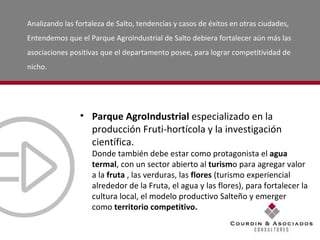 Parque AgroIndustrial  especializado en la producción Fruti-hortícola y la investigación científica. Donde también debe estar como protagonista el  agua termal , con un sector abierto al  turism o para agregar valor a la  fruta  , las verduras, las  flores  (turismo experiencial alrededor de la Fruta, el agua y las flores), para fortalecer la cultura local, el modelo productivo Salteño y emerger como  territorio competitivo.  Analizando las fortaleza de Salto, tendencias y casos de éxitos en otras ciudades, Entendemos que el Parque AgroIndustrial de Salto  debiera fortalecer aún más las asociaciones positivas que el departamento posee, para lograr competitividad de nicho.  
