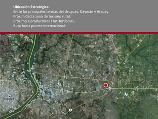 Ubicación Estratégica. Entre las principales termas del Uruguay: Daymán y Arapey. Proximidad a zona de turismo rural. Próximo a productores FrutHortícolas. Ruta hacia puente Internacional.  