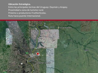 Ubicación Estratégica. Entre las principales termas del Uruguay: Daymán y Arapey. Proximidad a zona de turismo rural. Próximo a productores FrutHortícolas. Ruta hacia puente Internacional.  