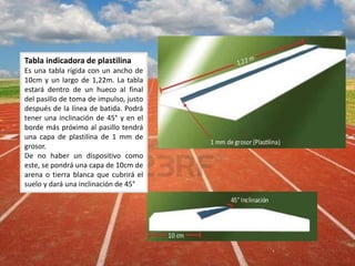 Tabla indicadora de plastilina
Es una tabla rígida con un ancho de
10cm y un largo de 1,22m. La tabla
estará dentro de un hueco al final
del pasillo de toma de impulso, justo
después de la línea de batida. Podrá
tener una inclinación de 45° y en el
borde más próximo al pasillo tendrá
una capa de plastilina de 1 mm de
grosor.
De no haber un dispositivo como
este, se pondrá una capa de 10cm de
arena o tierra blanca que cubrirá el
suelo y dará una inclinación de 45°
 