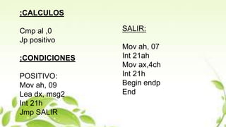 ;CALCULOS
Cmp al ,0
Jp positivo
;CONDICIONES
POSITIVO:
Mov ah, 09
Lea dx, msg2
Int 21h
Jmp SALIR
SALIR:
Mov ah, 07
Int 21ah
Mov ax,4ch
Int 21h
Begin endp
End
 