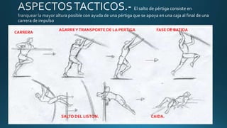 CARRERA
AGARREYTRANSPORTE DE LA PERTIGA FASE DE BATIDA.
SALTO DEL LISTON. CAIDA.
 