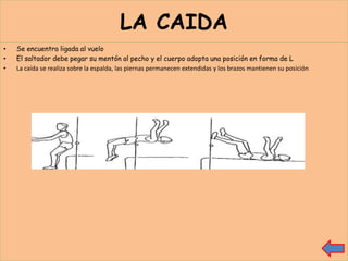 LA CAIDA
•   Se encuentra ligada al vuelo
•   El saltador debe pegar su mentón al pecho y el cuerpo adopta una posición en forma de L
•   La caída se realiza sobre la espalda, las piernas permanecen extendidas y los brazos mantienen su posición
 