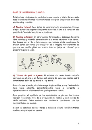 FASE DE SUSPENSIÓN O VUELO

Existen tres técnicas en los movimientos que ejecuta el atleta durante esta
fase: dichos movimientos van encaminados a adoptar una posición final más
equilibrada y rentable:

a) Técnica Natural: Para saltos de poca longitud y principiantes. Es muy
simple: durante la suspensión la pierna de batida se une a la libre y en esa
posición de "sentado" se efectúa la traslación.

b) Técnica extensión: En esta técnica, terminando el despegue, la pierna
libre se relaja y va atrás, para colocarse a la misma altura que la de batida.
Los brazos por arriba o lateralmente van también atrás, propiciando la
flexión dorsal del tronco (ver dibujo "d" de la imagen). Posteriormente se
produce una acción global en sentido inverso "golpe de riñones" para
prepararse para la caída.




c) Técnica de paso o tijeras: El saltador en cierta forma continúa
corriendo en el aire, y en función del número de pasos que realice podrá
denominarse "salto de 2 y medio" o "3 y medio".

Para efectuar el medio, el atleta recoge la pierna libre y muy flexionada la
lleva hacia adelante, semiextendiéndola hacia la horizontal y
aproximadamente a la misma altura que la pierna de batida.

Para propiciar el equilibrio de los movimientos de piernas, los brazos
realizan rotaciones a nivel de la articulación del hombro y en el sentido de
atrás adelante. Estas acciones van totalmente coordinadas con los
movimientos de las piernas.

Se den los pasos que se den, finaliza la secuencia con una flexión de tronco
adelante sin que bajen las piernas.




                                                                            3
 