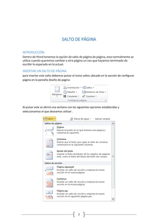 SALTO DE PÁGINA
INTRODUCCIÓN
Dentro de Word tenemos la opción de salto de página de página, esta normalmente se
utiliza cuando queremos cambiar a otra página un vez que hayamos terminado de
escribir lo esperado en la actual.

INSERTAR UN SALTO DE PÁGINA
para insertar este salto debemos pulsar el icono saltos ubicado en la sección de configurar
página en la pestaña diseño de pagina

Al pulsar este se abrirá una ventana con las siguientes opciones establecidas y
seleccionamos el que deseamos utilizar .

2

 