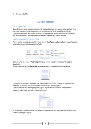 
Presione SUPR.


SALTO DE SECCIÓN
INTRODUCCIÓN
Cuando tenemos un documento con varios capítulos de forma que cada capítulo lleva
su propio encabezamiento y su propio formato suele ser aconsejable dividir los
capítulos mediante secciones. De esta forma podemos poner por ejemplo diferentes
encabezamientos a las diferentes partes del texto de una forma sencilla.

INSERTAR UN SALTO DE SECCIÓN
Para insertar un salto de sección, haga clic en Diseño de página, Saltos y luego haga clic
en el salto de sección que desee añadir.

Con un salto de sección Página siguiente, la nueva sección empieza en la página
siguiente.
Con un salto de sección Continua, la nueva sección empieza en la misma página.

Los saltos de sección continuos son apropiados si se desea cambiar el formato (por
ejemplo, el número de columnas) sin empezar una nueva página.
Con un salto de sección Página par o Página impar, la nueva sección empieza en la
siguiente página par o impar, respectivamente.

Si desea que los capítulos del documento empiecen en una página impar, use un salto
de sección Página impar.

4

 