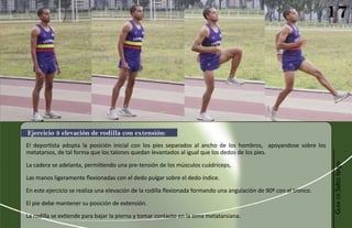 17




Ejercicio 3 elevación de rodilla con extensión:
El deportista adopta la posición inicial con los pies separados al ancho de los hombros, apoyandose sobre los
metatarsos, de tal forma que los talones quedan levantados al igual que los dedos de los pies.

La cadera se adelanta, permitiendo una pre-tensión de los músculos cuádriceps,




                                                                                                                    Guía de Salto largo
Las manos ligeramente flexionadas con el dedo pulgar sobre el dedo índice.

En este ejercicio se realiza una elevación de la rodilla flexionada formando una angulación de 90º con el tronco.

El pie debe mantener su posición de extensión.

La rodilla se extiende para bajar la pierna y tomar contacto en la zona metatarsiana.
 