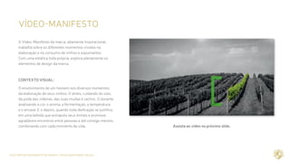 CASE REPOSICIONAMENTO DE MARCA / NOVA IDENTIDADE VISUAL
VÍDEO-MANIFESTO
O Vídeo-Manifesto da marca, altamente inspiracional,
trabalha sobre os diferentes momentos vividos na
elaboração e no consumo de vinhos e espumantes.
Com uma estática toda própria, explora plenamente os
elementos de design da marca.
CONTEXTO VISUAL:
O envolvimento de um homem nos diversos momentos
da elaboração de seus vinhos. O antes, cuidando do solo,
da poda das videiras, das suas mudas e cachos. O durante,
analisando a cor, o aroma, a fermentação, a temperatura
e o envase. E o depois, quando toda dedicação se justifica
em uma bebida que extrapola seus limites e promove
agradáveis encontros entre pessoas e até consigo mesmo,
combinando com cada momento da vida. Assista ao vídeo no próximo slide.
 