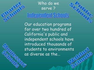 Our education programs
for over two hundred of
California's public and
independent schools have
introduced thousands of
students to environments
as diverse as the…
Who do we
serve ?
 