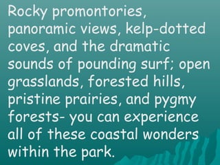 Rocky promontories,
panoramic views, kelp-dotted
coves, and the dramatic
sounds of pounding surf; open
grasslands, forested hills,
pristine prairies, and pygmy
forests- you can experience
all of these coastal wonders
within the park.
 