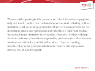 The material appearing in this presentation is for informational purposes
only and should not be construed as advice of any kind, including, without
limitation, legal, accounting, or investment advice. This information is not
intended to create, and receipt does not constitute, a legal relationship,
including, but not limited to, an accountant-client relationship. Although
this information may have been prepared by professionals, it should not be
used as a substitute for professional services. If legal, accounting,
investment, or other professional advice is required, the services of a
professional should be sought.

2

 