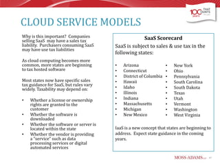 CLOUD SERVICE MODELS
Why is this important? Companies
selling SaaS may have a sales tax
liability. Purchasers consuming SaaS
may have use tax liabilities
As cloud computing becomes more
common, more states are beginning
to tax hosted software
Most states now have specific sales
tax guidance for SaaS, but rules vary
widely. Taxability may depend on:
•
•
•
•

Whether a license or ownership
rights are granted to the
customer
Whether the software is
downloaded
Whether the software or server is
located within the state
Whether the vendor is providing
a “service” such as data
processing services or digital
automated services

SaaS Scorecard
SaaS is subject to sales & use tax in the
following states:
•
•
•
•
•
•
•
•
•
•

Arizona
Connecticut
District of Columbia
Hawaii
Idaho
Illinois
Indiana
Massachusetts
Michigan
New Mexico

•
•
•
•
•
•
•
•
•
•

New York
Ohio
Pennsylvania
South Carolina
South Dakota
Texas
Utah
Vermont
Washington
West Virginia

IaaS is a new concept that states are beginning to
address. Expect state guidance in the coming
years.

47

 
