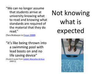 Not knowing
what is
expected
“We can no longer assume
that students arrive at
university knowing what
to read and knowing ...