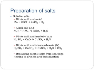 Preparation of salts
 Soluble salts
 Dilute acid and metal
Zn + 2HCl  ZnCl2 + H2
 Alkali and acid
KOH + HNO3  KNO3 + H2O
 Dilute acid and insolube base
H2 SO4 + CuO  CuSO4 + H2O
 Dilute acid and trioxocarbonate (IV)
H2 SO4 + CuCO3  CuSO4 + H2O + CO2
 Recovering soluble salts from solutions
Heating to dryness and crystalization
 