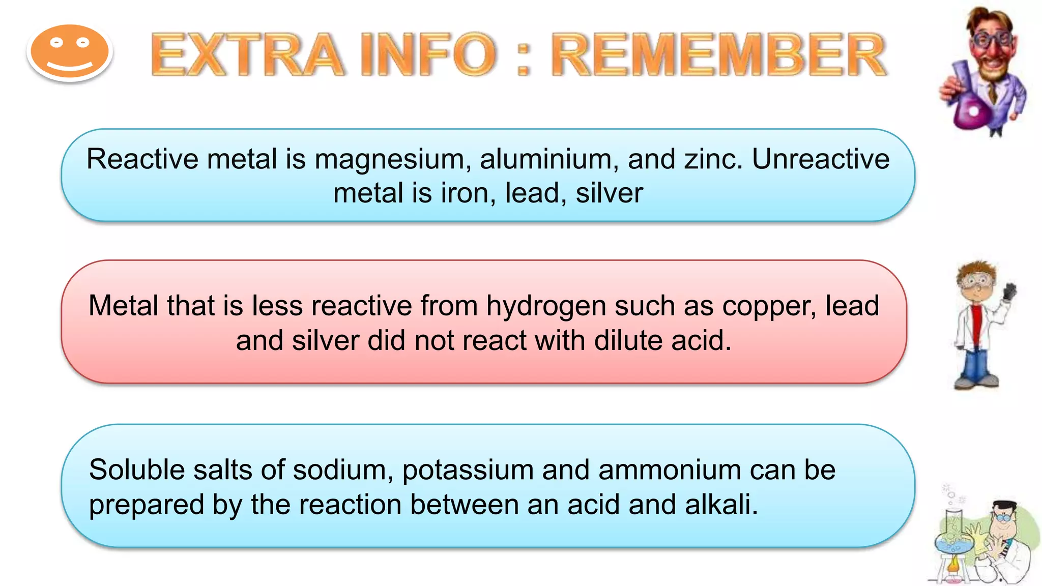 PREPARATION OF SALTSREMEMBER : METAL ION DISPLACEHYDROGEN ION IN ACID TO FORMED SALTSHCl [H+/Cl-]Hydrochloric acidMETAL / AMMONIUM IONNa+Ca2+Zn2+HNO3 [H+/NO3-]Nitric AcidK+Al3+Pb2+H2SO4 [2H+/SO42-]Nitric AcidNH4+Mg2+Cu2+H2CO3 [2H+/CO32-]Nitric AcidFe2+Fe3+
