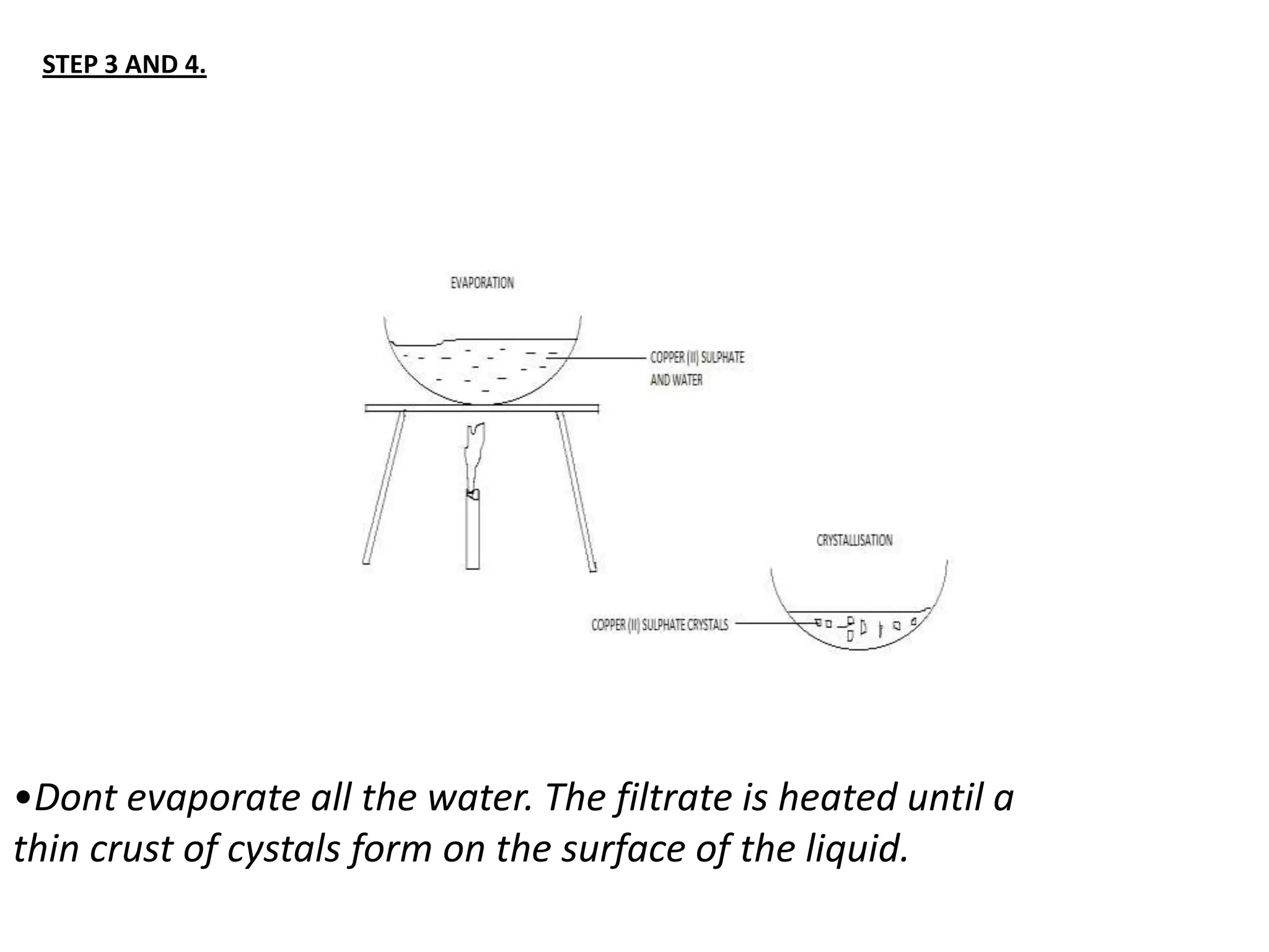 STEP 3 AND 4.




•Dont evaporate all the water. The filtrate is heated until a
thin crust of cystals form on the surface of the liquid.
 