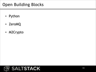 Open Building Blocks
• Python 
• ZeroMQ 
• M2Crypto 

!11

 