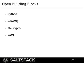 Open Building Blocks
• Python 
• ZeroMQ 
• M2Crypto 
• YAML 

!11

 