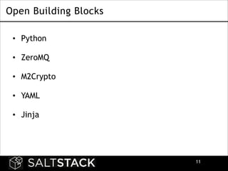 Open Building Blocks
• Python 
• ZeroMQ 
• M2Crypto 
• YAML 
• Jinja 

!11

 