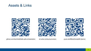 Assets & Links
22
sh.arbe.io/cloud-provision youtu.be/9MzeK4u4pkM (demo)github.com/bechtoldt/talk-salt-orchestration
 